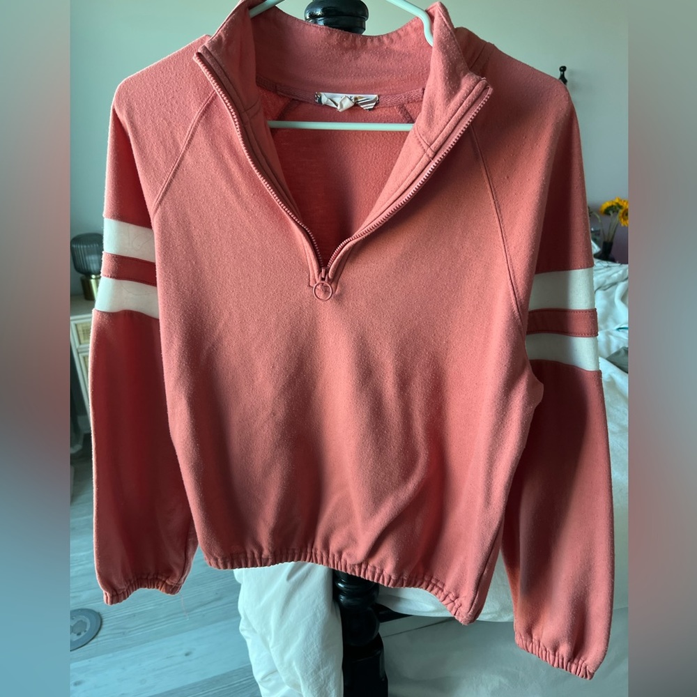 Medium Pink Quarter Zip Pullover With Varsity Stripes